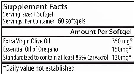 130 mg Carvacrol - 150 mg Oregano Oil per Softgel. World Highest Concentration Oregano Oil Capsule. Zane Hellas Oregano Oil. Softgel Contains 30% Greek Essential Oil of Oregano. 60 Softgels.