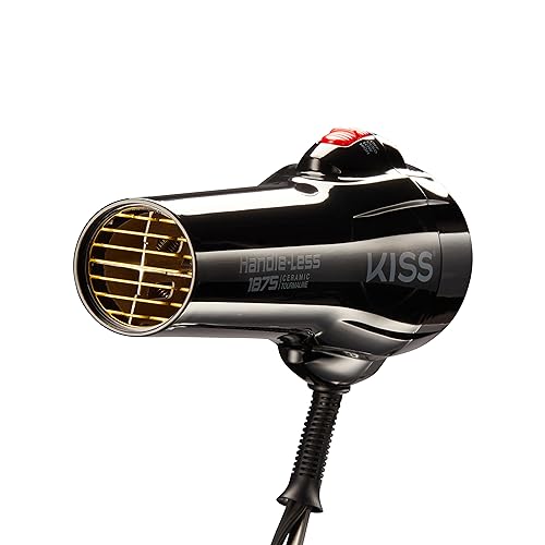 KISS Handle-Less 1875W Ceramic Tourmaline Hair Dryer, Effortless Styling Precision Blow Dryer, Cool Touch Nozzle, Triple-Layer Heat Insulation, Heat Resistant Cap, 3 Styling Attachments, Up to 450°F