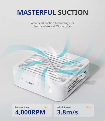 AIRSEE GD3 Powerful Nail Dust Collector, Professional Manicure Pedicure Vacuum for Acrylic Gel Nail Polishing with Reusable Filter, Home & Salon, White