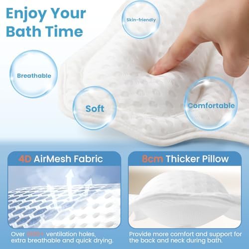 Bath Pillows for Tub, Bath Pillow Luxury Bathtub Pillow for Head and Neck Support, Soft 4D Air Mesh Bath Tub Pillow with Non Slip Suction Cups, Laundry Bag, Spa Gifts Bathtub Accessories for Women Men