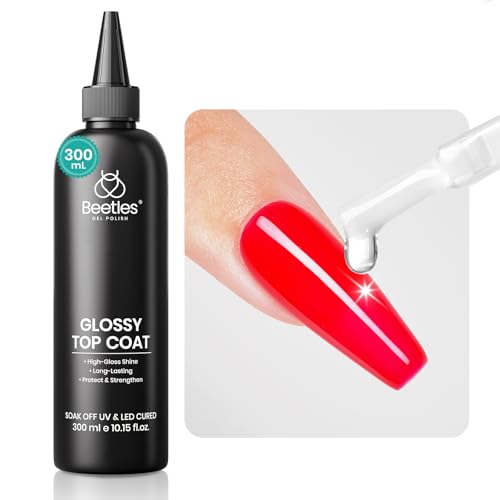 Beetles Extra Glossy Top Coat Bulk 300ml No Wipe Gel Top Coat Refill, Super Large Capacity High Shine Gel Nail Polish Clear Glossy Gel Polish Art Supplies for Techs Manicure Store or Nail Salon Lover