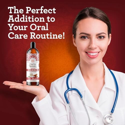 GuruNanda Ashwagandha Oil Pulling Mouthwash, Promotes Calmness, With Neem & Roman Chamomile for Fresh Breath & Happy Gums, Alcohol-Free, With Toothbrush & Tongue Scraper, 8 Oz
