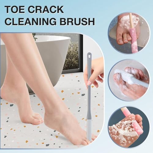 Toe Gap Cleaning Brush, Upgrade Long Handle Silicone Toe Crevice Soft Rubber Cleaner, Exfoliating Brush in Shower, Soft Cleaning Bath Brush Feet Cleaner Scrub Foot Care for Seniors, Elderly (Gray)
