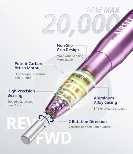 AIRSEE Home Lite Portable Electric Nail Drill Machine with adapter for Beginners, EFile for Acrylic Gel Nails and Manicure Pedicure Polishing Shape, Electric Nail File Kit for Home, Purple