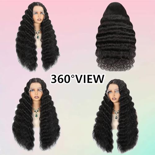 13X6 HD Lace Front Wig,30Inch Glueless Loose Deep Wave Wig Natural Black.Synthetic Lace Front Wigs Human Hair Touch,Vogue Highlight Technology-Premium Fiber & Human Hair Blended.
