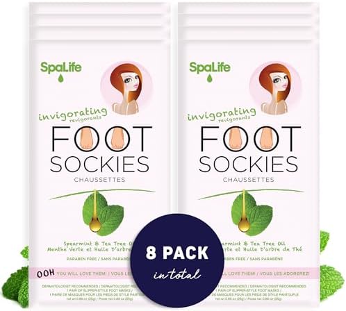 SpaLife Softening Care Foot Sockies (8-Pack) - Spearmint & Tea Tree Oil, Exfoliating Pack for Healthy Feet, Intensive Repair, Callus Remover Sockies, Dry Skin Solution, Moisturizing Foot Treatment