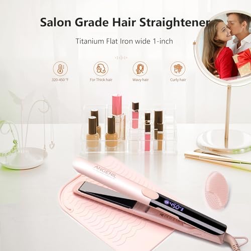 ANGENIL Flat Iron Hair Straightener and Curler 2 in 1, Titanium Dual Voltage Pink Hair Straightener, Anti-Scald Silicone Ionic Flat Iron with Heat Resistant Silicone Mat and Facial Cleansing Brushes