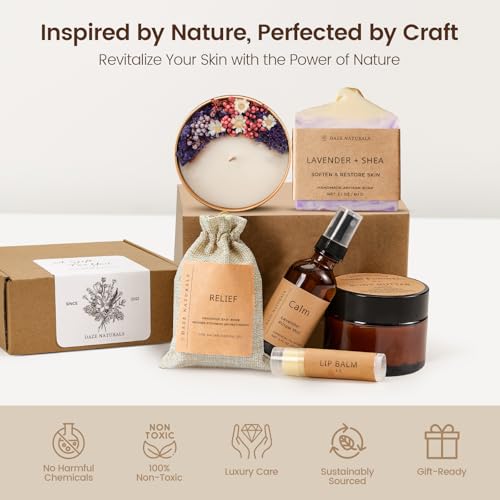 Bath Gift Set, Spa Gifts for Women, Self Care Products for Women, Lavender & Cream Soap Bar, Calm Pillow Mist, Bath Bomb & Shower Steamer, Body Butter and Lip Balm