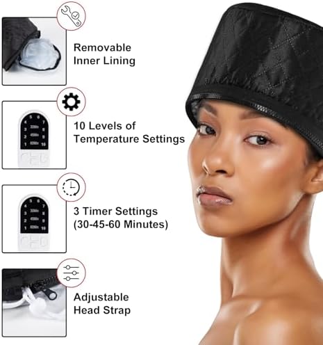 Heat Cap for Deep Conditioning Home Use Hair Steamer for Black Hair SPA Heat Cap for Deep Conditioning 10-Level Quick Heating Hair Steamer for Natural Hair Heating Cap with Timer (Black)