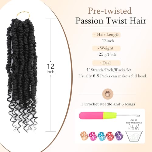 Passion Twist Crochet Hair,12 Inch 9 Packs Pretwisted Passion Twist Hair, Soft Pre Looped And Pre twist Crochet Hair For Women，Short Black Curly Crochet Braids(12",1B#)