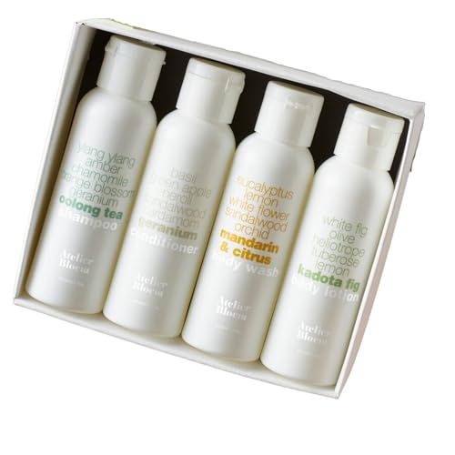 Atelier Bloem Travel Gift Set with Mandarin & Citrus Body Wash, Kadota Fig Body Lotion, Oolong Tea Shampoo, and Geranium Conditioner - Kimpton Hotel Collection - Includes Gift Box - 1.7 oz. Bottles