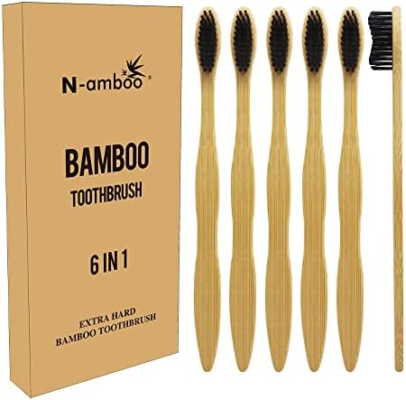 Hard Toothbrush Bamboo Toothbrush for Adult Manual Toothbrsuh Hard Bristles Pack of 6