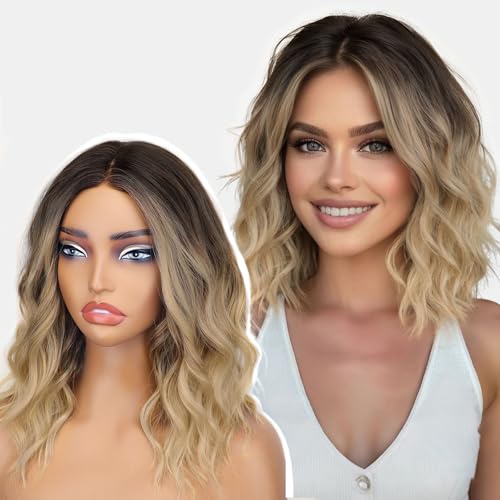 AISI HAIR 14 Inch Ombre Blonde Wigs for Women - Shoulder Length Wave Wig with Pre-Cut Lace Hairline, Middle Part Natural Wavy Bob Synthetic Heat Resistant Fiber for Daily and Party