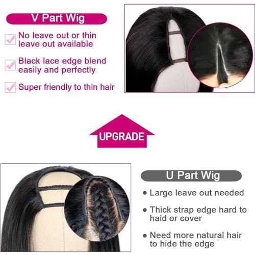 22Inch V Part Wigs Human Hair Straight Brazilian Human Hair Wigs for Black Women Upgrade U Part Wigs No Sew in NO Glue Half Wigs Human Hair 180% Density Natural Color
