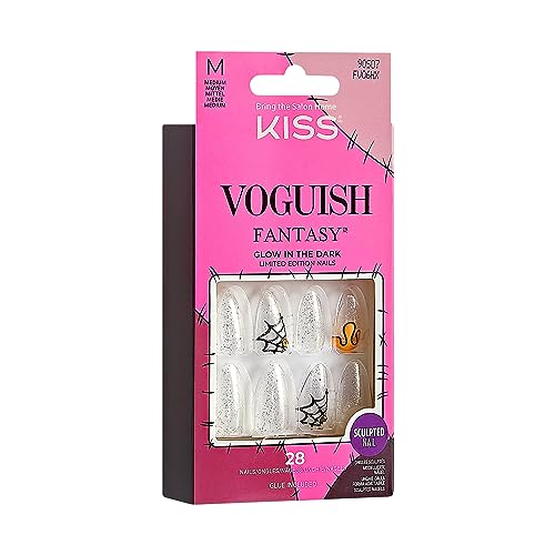 KISS Voguish Fantasy Halloween Nails, Black, Medium Length, Almond Shape, Pink Gel Nail Glue (2g), Mini Nail File, Manicure Stick, & 28 Fake Nails