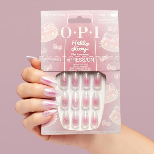 OPI xPRESS/ON Press on Nails | Long Almond Shape Nail Art | 30 Count With Glue | Instant Gel-Like Salon Manicure | Hello Kitty Limited Edition Collection