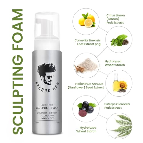 Avenue Man Unscented Sculpting Foam - Frizz Control & Firm Hold Hair Mousse for Men - Styling Hair Products - Mens Mousse for Hair Styling with No Crunch, Clean Texture & Long-Lasting Lift - 7 oz