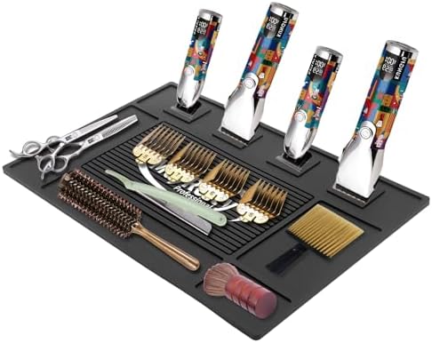 MoyRetty Magnetic Barber Organizer Mat for Clippers(17.7'' x 11.8''), Professional Anti-Slip Heat-Resistant Silicone Pad for Hair Stylist Supplies- 4 Magnets