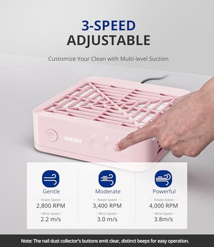 AIRSEE Nail Dust Collector,Compact Vacuum Fan Dust Collector for Salon & Home with Reusable Filter, Powerful Dust Suction Machine Manicure Pedicure Tool for Acrylic Nail Polishing, Pink