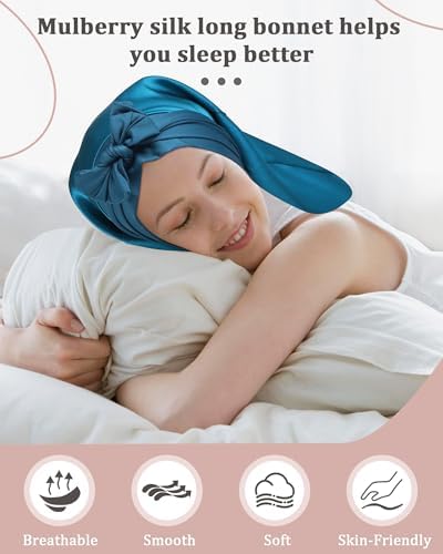 AWAYTR 100% Mulberry Silk Bonnet - Long Hair Cap for Sleeping Tie Band Bonnet for Braids Curly Hair