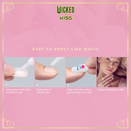 WICKED X KISS Press On Nails Almond, ‘Glamorous Gal’, Pink, Medium, Waterproof, Chip Proof, Smudge Proof, 28 Fake Nails, Pink Gel Nail Glue (2g), Mini Nail File, & Manicure Stick