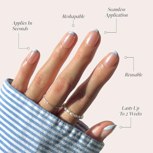 Glamnetic Press On Nails - Into Blue | Glazed Short Oval Fake Nails with Periwinkle French Tips, Reusable Summer Nails | 15 Sizes - 30 Nail Kit with Glue