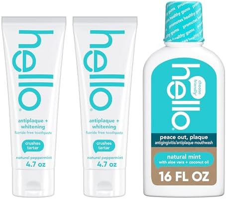 Hello Antiplaque and Whitening Fluoride Free Toothpaste and Naturally Healthy Antigingivitis Mouthwash, Alcohol Free, Vegan, SLS Free and Gluten Free, 4.7 Ounce Tubes, 16 Ounce Bottle