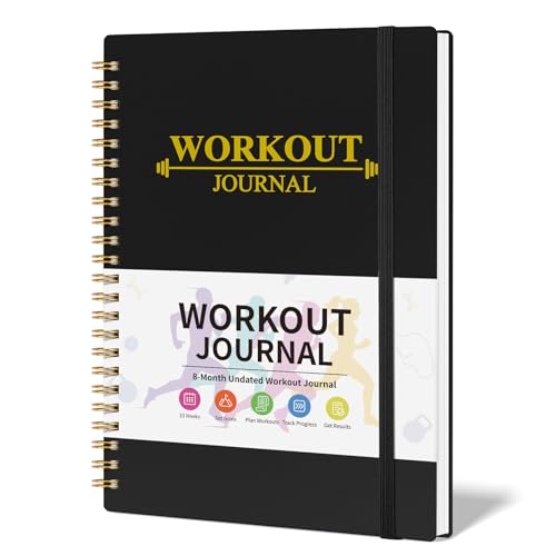 Fitness Workout Journal for Women & Men, A5 Hardcover Workout Log Book & Gym Exercise Planner With Progress Tracker, Goals, Calendar, 5.8" x 8.4" - Black