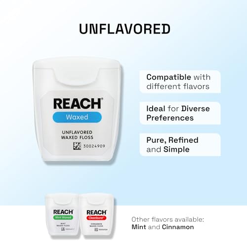 REACH Waxed Dental Floss, Unflavored, Plaque Remover for Teeth, Shred Resistant, Floss Slides Smoothly, Easy to Use, Waxed, Deep Cleaning Teeth, Oral Care, PFAS Free, for Adults & Kids, 6 Pack, 55 yd