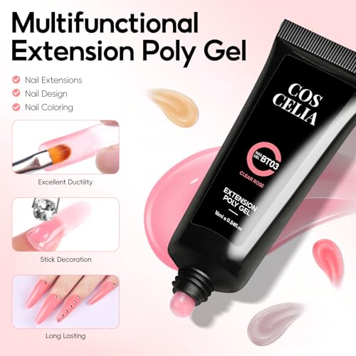 COSCELIA Poly Nail Gel Kit Starter Kit 18pcs 16ML Poly Nail Extension Gel without Lamp for Beginners with Everything Nail Thickening Solutions Matte Top Coat Summer Colors DIY Gifts for Women