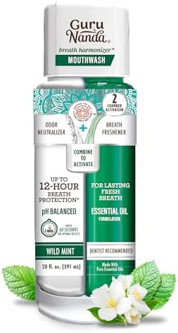 GuruNanda Dual Barrel Breath Harmonizer Mouthwash - Freshens Breath - Alcohol & Fluoride Free with Sodium Chlorite & Essential Oils - Wild Mint Flavor, 20 Fl Oz