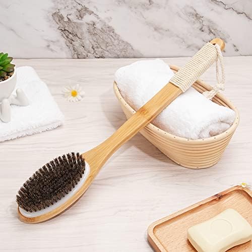 Exfoliating Back Scrubber for Shower with Curved Long Handle, 16.7 Inches Bamboo Body Brush with Natural Bristles for Wet or Dry Brushing, Body Exfoliator Back Washer Bath Tool for Men & Women