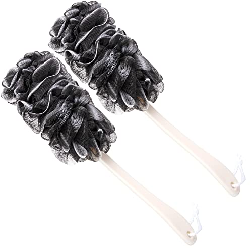 Back Scrubber for Shower,Loofah Long Handle Bath Body Brush,Soft Nylon Mesh Sponge for Shower,Loofah On a Stick for Men Women,Exfoliating Scrub Cleaning Luffa for Elderly(2-Pack,Black)