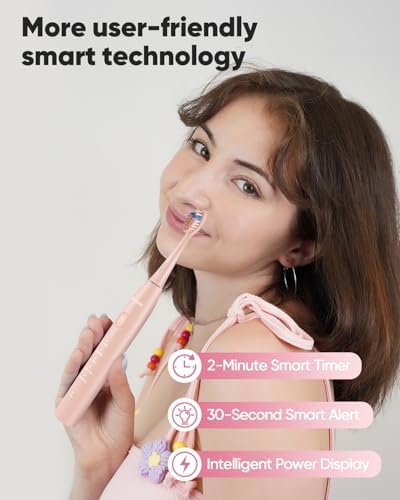 MySmile DY156 Electric Toothbrush for Adults, Rechargeable Sonic Battery Toothbrush Portable with 3 Brush Heads, 2 Mins 5 Modes Smart Timer, 45000VPM, One Charge for 60 Days - Pink