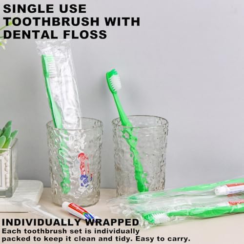 Disposable Toothbrushes with Toothpaste and Floss,50Pcs Green Single Use Individually Wrapped Disposable Travel Toothbrushes and Dental Floss Kit Bulk for Homeless,Airbnb,Hotel,Dentist