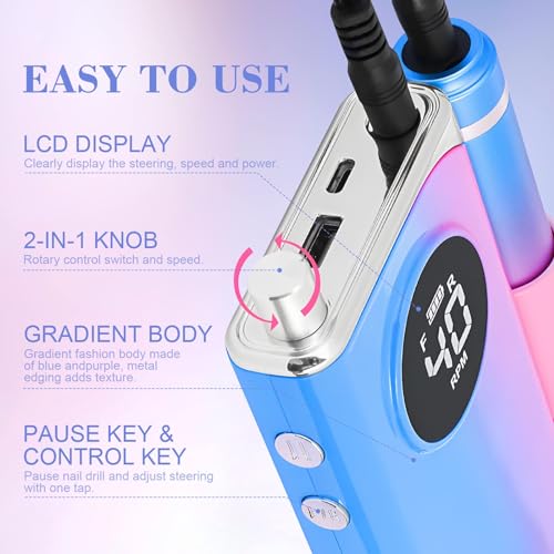 SAVILAND 40000RPM Electric Nail Drill Professional: Electric Nail File Portable Nail Drill with Acrylic Nail Kit 12 Drill Bit Nail Supplies Efile for 10s Fast Drill para Uñas Profesional Remove Salon
