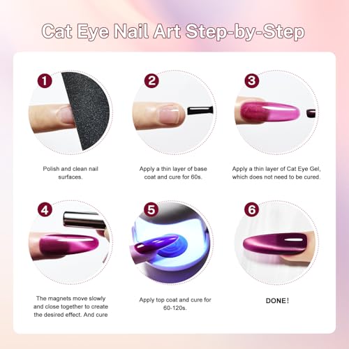 JODSONE Cat Eye Gel Nail Polish Set Purple Red Sliver Collection 6 Colors for Holographic Glitter Cat Eye with Magnet at Home DIY Design Gift for Girls