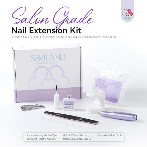 SAVILAND Advanced Gel Nail Kit Almond: 15 Sizes Extra Short Almond Nail Tips with Nail Drill & U V Lamp 500 Pcs Salon Grade Full Matte Nail Tips 30-Day Long Lasting Home DIY Beginner