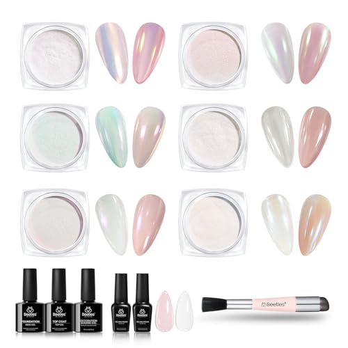 Beetles 6 Colors Chrome Nail Powder Aurora Pearl Kit with Base Top Coat Color Gel Polish-Iridescent Glazed Donut Chrome Nail Powder Metallic Mirror Effect Mermaid Glitter Kit for Nail Art Design