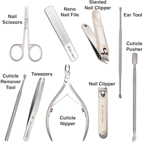 9 in 1 Professional Manicure Pedicure Set - Stainless Steel Nail Clippers, Nano File, Cuticle Nipper, Scissors, Tweezers, Travel PU Leather Case for Men & Women - Gift Ready (Brown)