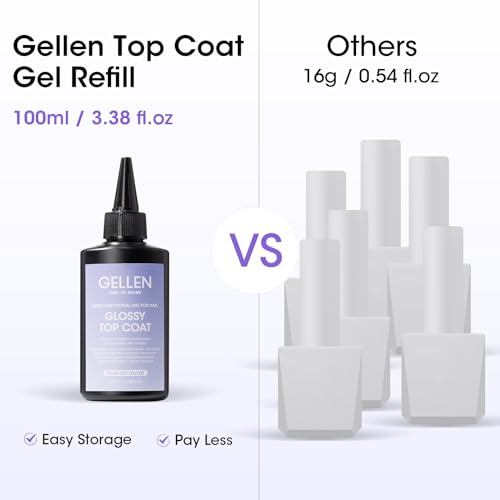 GELLEN 100ml No Wipe Gel Top Coat, High Gloss Long Lasting Clear Color Gel Top Coat U V Light Cured Soak off High Capacity for Salon