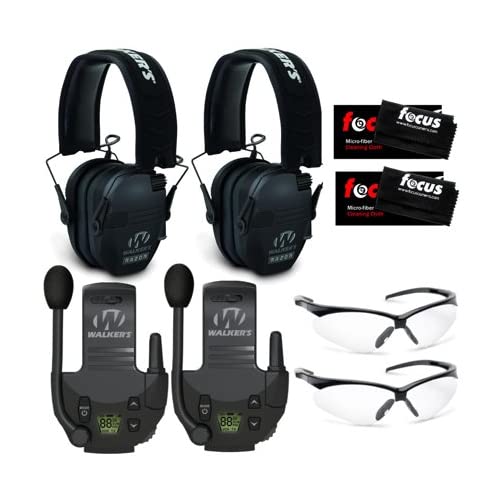 Walker's Razor Slim Electronic Muff (Black, 2-Pack) Bundle with Tactical/Hunting Walkie Talkie (2-Pack), Sport Shooting Glasses (Clear, 2-Pack) and Microfiber Cleaning Cloth (2-Pack) (8 Items)