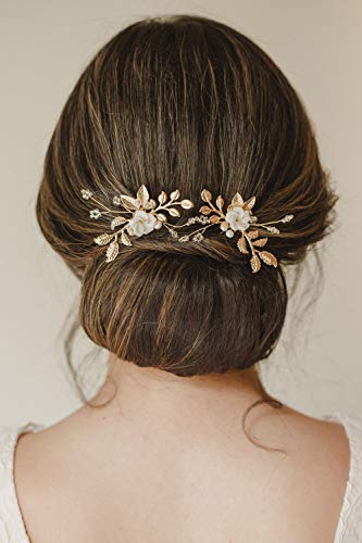 SWEETV 2Pcs Bridal Hair Accessories,Gold Wedding Hair Pins Pieces With White Flowers for Brides