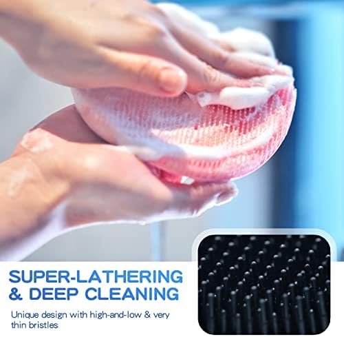 Manmihealth 3 PCS Soft Silicone Shower Brush, Super-Lathering and Deep-Cleaning Silicone Body & Face Scrubber, Gentle Exfoliating Bath Glove for All Skin Types with Free Hooks (Black +Gray+ Pink)
