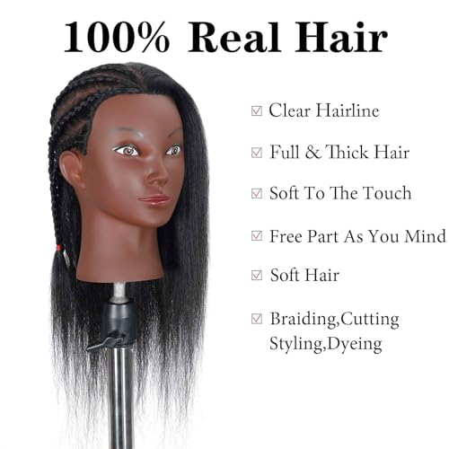 16" Mannequin Head Human Hair with 100% Real Hair Cosmetology Mannequin Doll Head for Hairdresser Practice Braiding Hairstyling with Free Table Clamp Stand (16 Inch)