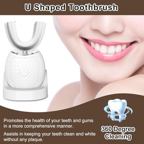 Electric Toothbrush for Adults, U Shaped Automatic Toothbrush for 360-degree Cleaning, 3 Modes for Whitening, Wireless Charging Kit for Travel or Home(White)