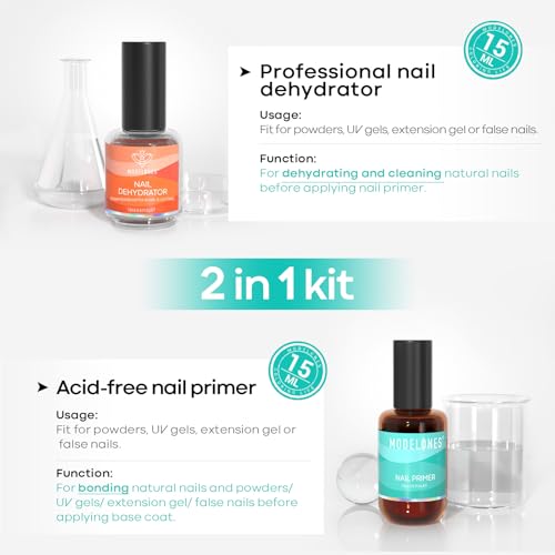 modelones 4 Pcs Nail Dehydrator and Primer, 15 ml Acid Free Natural Prep Dehydrate & Bond Primer Hema-Free Bonding for Nail Supplies