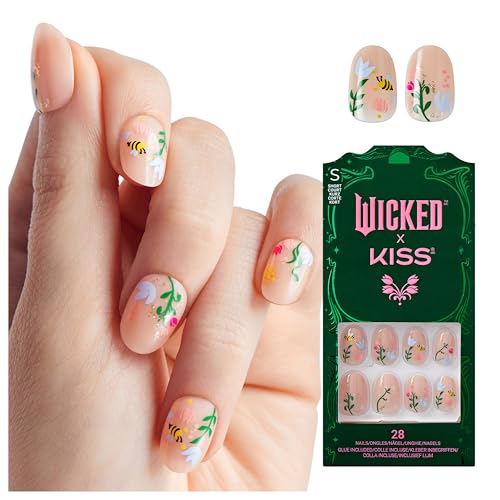 WICKED X KISS Press On Nails, ‘There's Joy’, Neutral, Short Oval, Waterproof, Chip Proof, Smudge Proof, 28 Fake Nails, Pink Gel Nail Glue (2g), Mini Nail File, & Manicure Stick
