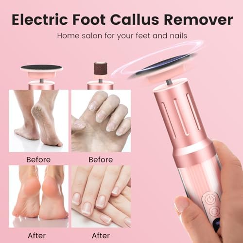 2 in 1 Electric Foot Callus Remover, Rechargeable Electric Callus Remover for Feet with 6 Adjustable Settings, Digital Display Screen Foot File & Nail Drill, Low Noise Foot Scrubber Women Men (Pink)