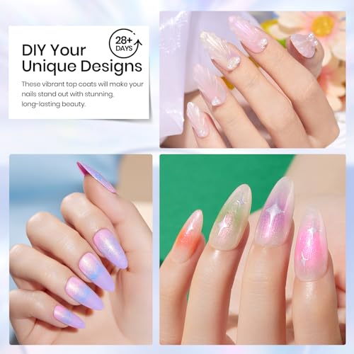 Beetles Pearl Glitter Top Coat Set, 5 Colors Iridescent Pastel Shimmer Mermaid Glossy Top Coat Gel Polish Shiny Long-Lasting No Wipe Soak Off UV LED Nail Art Gifts for Women